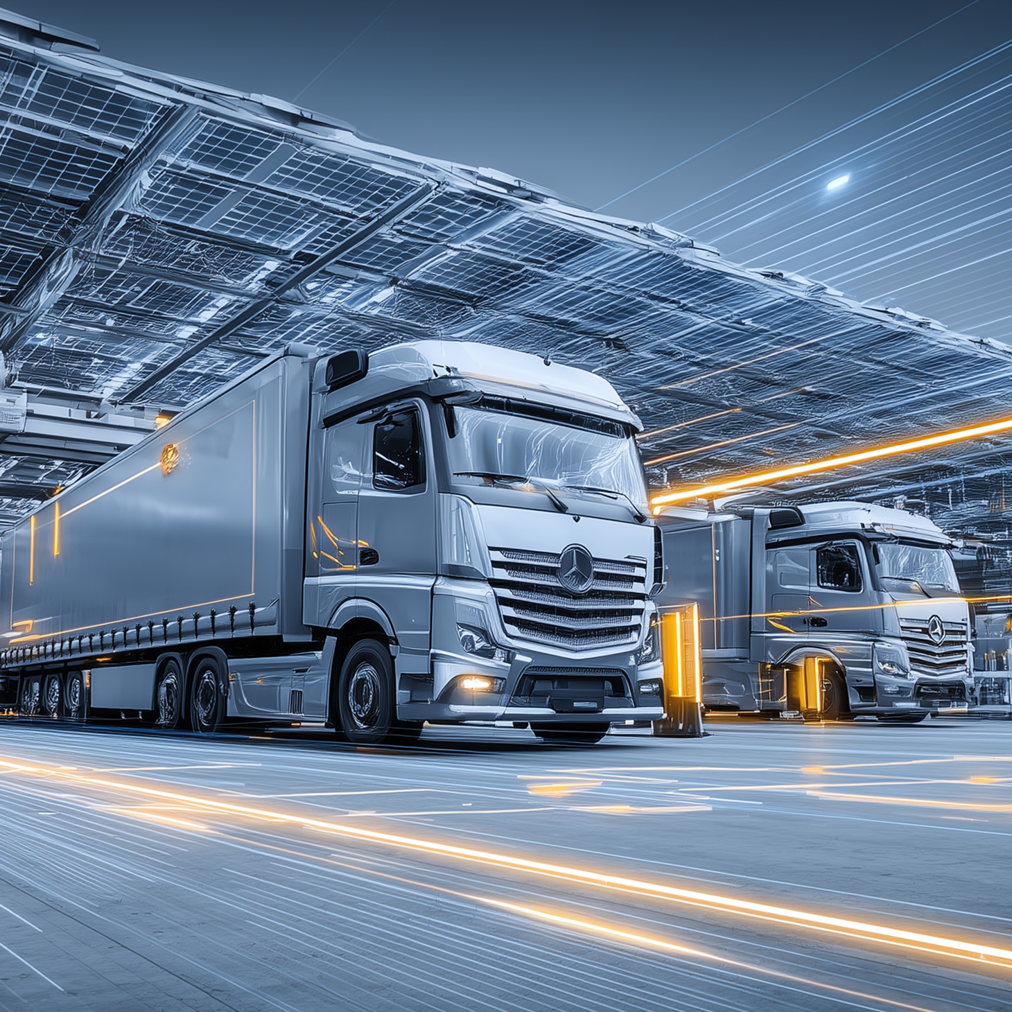 Electric freight trucks charging beneath a solar canopy at a logistics facility
