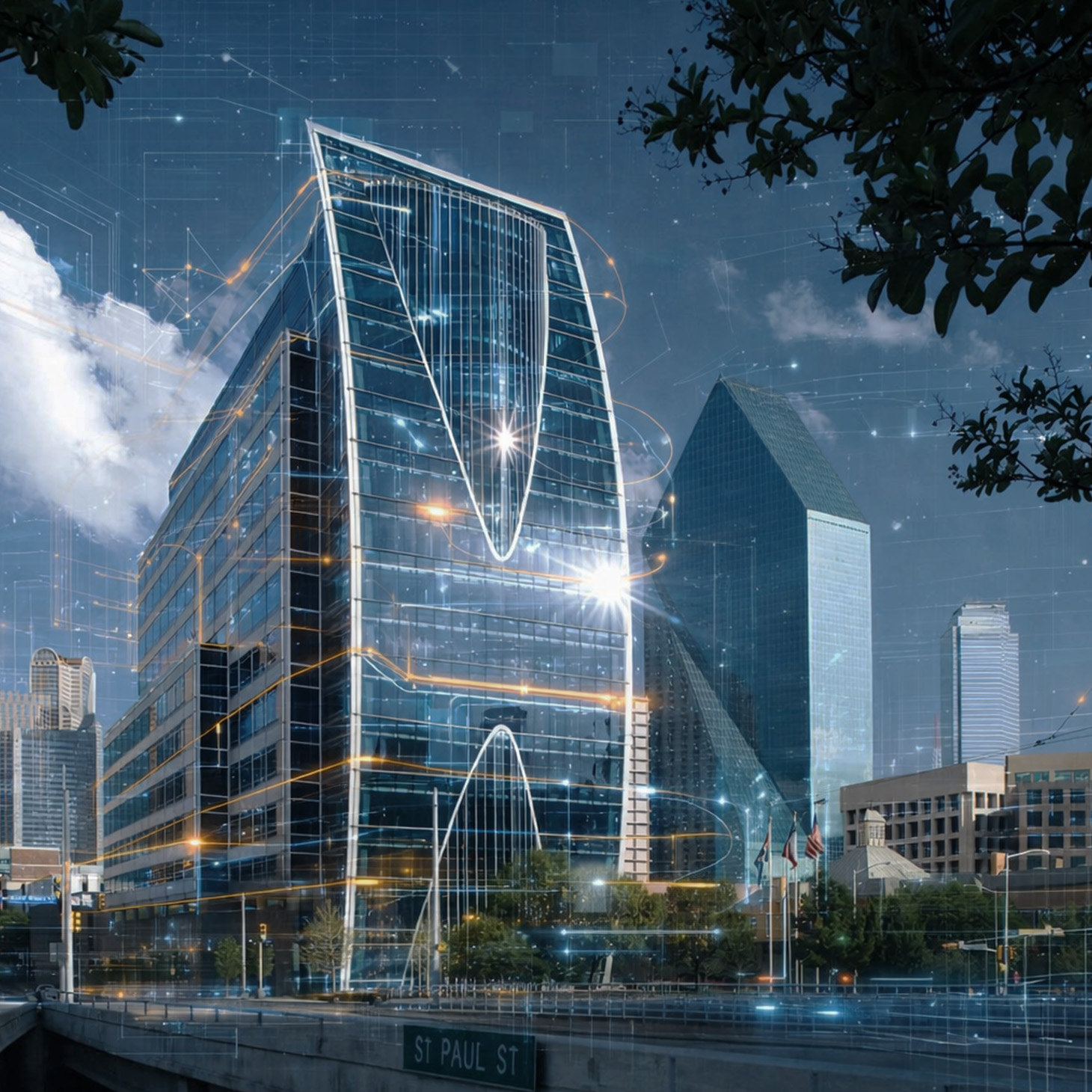 Hunt Energy headquarters building in downtown Dallas with digital data overlay