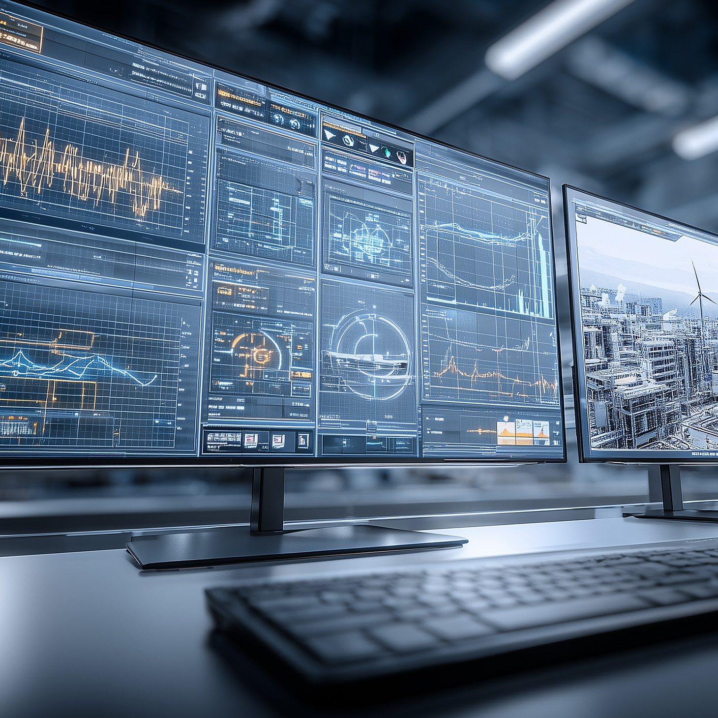 Energy analytics dashboards displaying operational data and system performance metrics