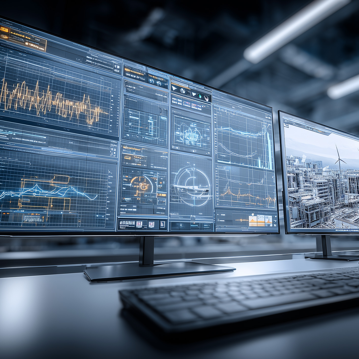 Energy analytics dashboards displaying operational data and system performance metrics